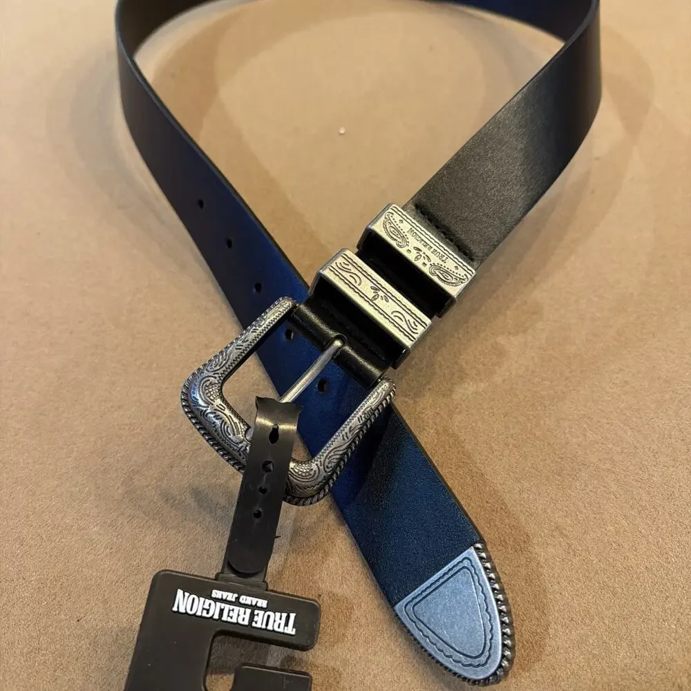 True Religion Mens Belt Palomo Western Theme Silver buckle 42